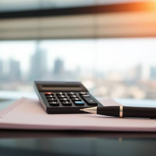 A calculator and pen resting on a ledger with a cityscape in the background.