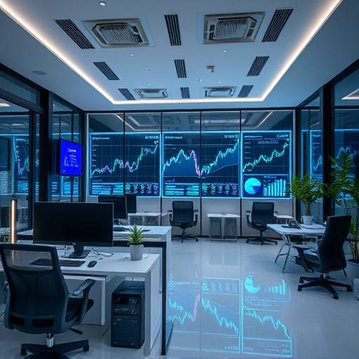 A modern office space with financial charts on display