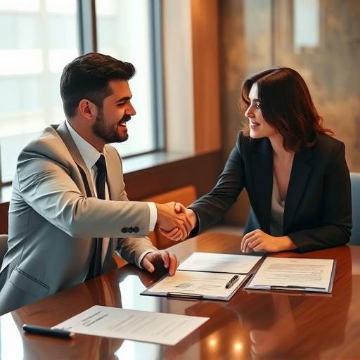 Two business professionals shaking hands over a table with documents.